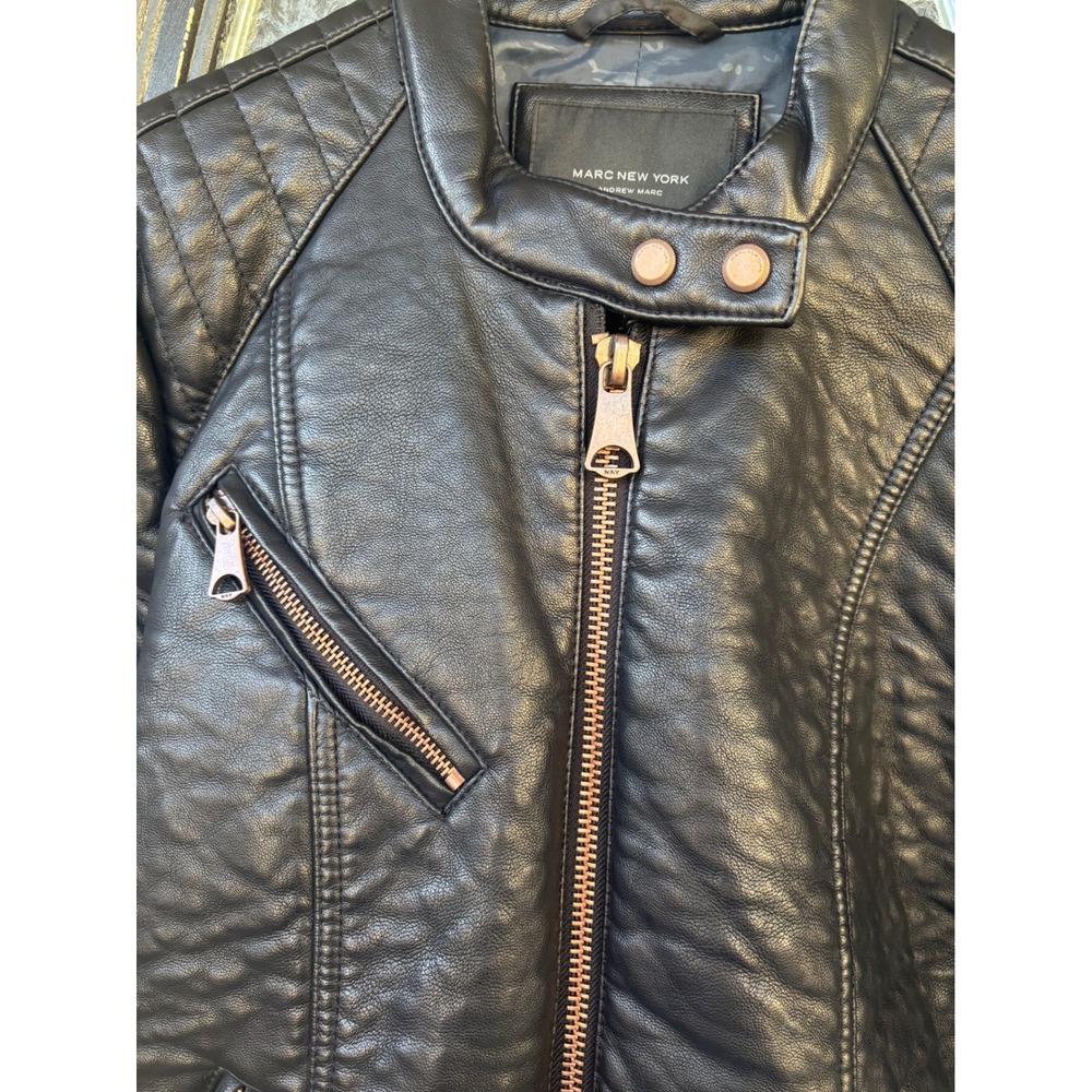 Marc New York Andrew Marc Black Faux Leather Moto Jacket Rose Gold Hardware M‎ - Picture 10 of 13